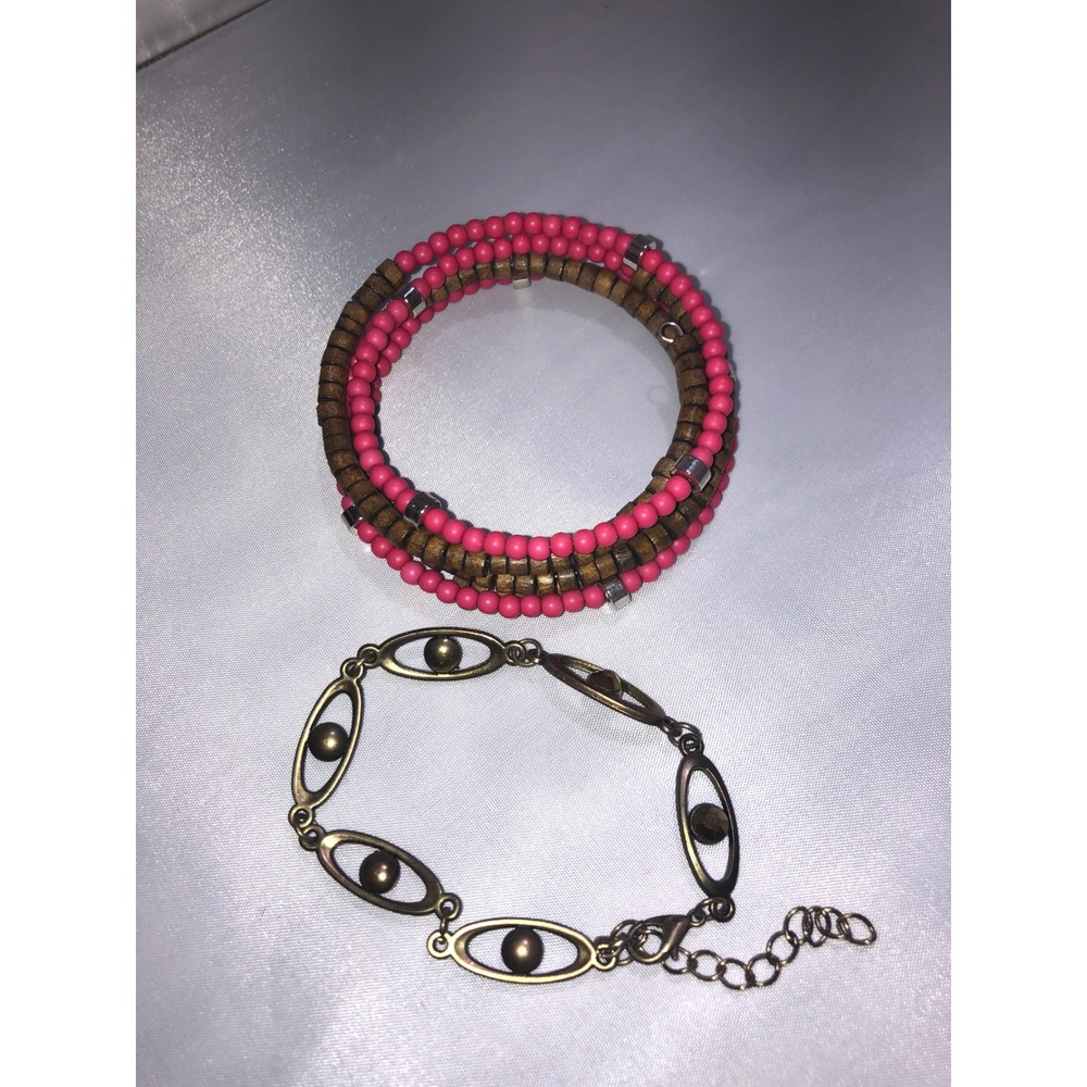 Boho Bracelet Set Pink Wood Bead Wrap and Antique Brass Oval Link Rhinestone